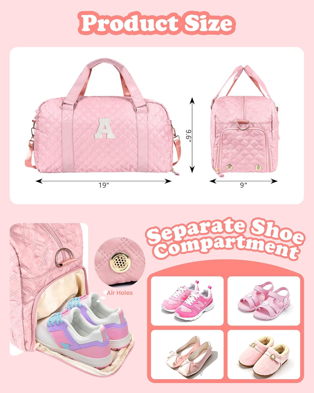 Initial Travel Duffle Bag Women Girls Gift: Personalized Weekender bags, Dance Cheer bag Sports for