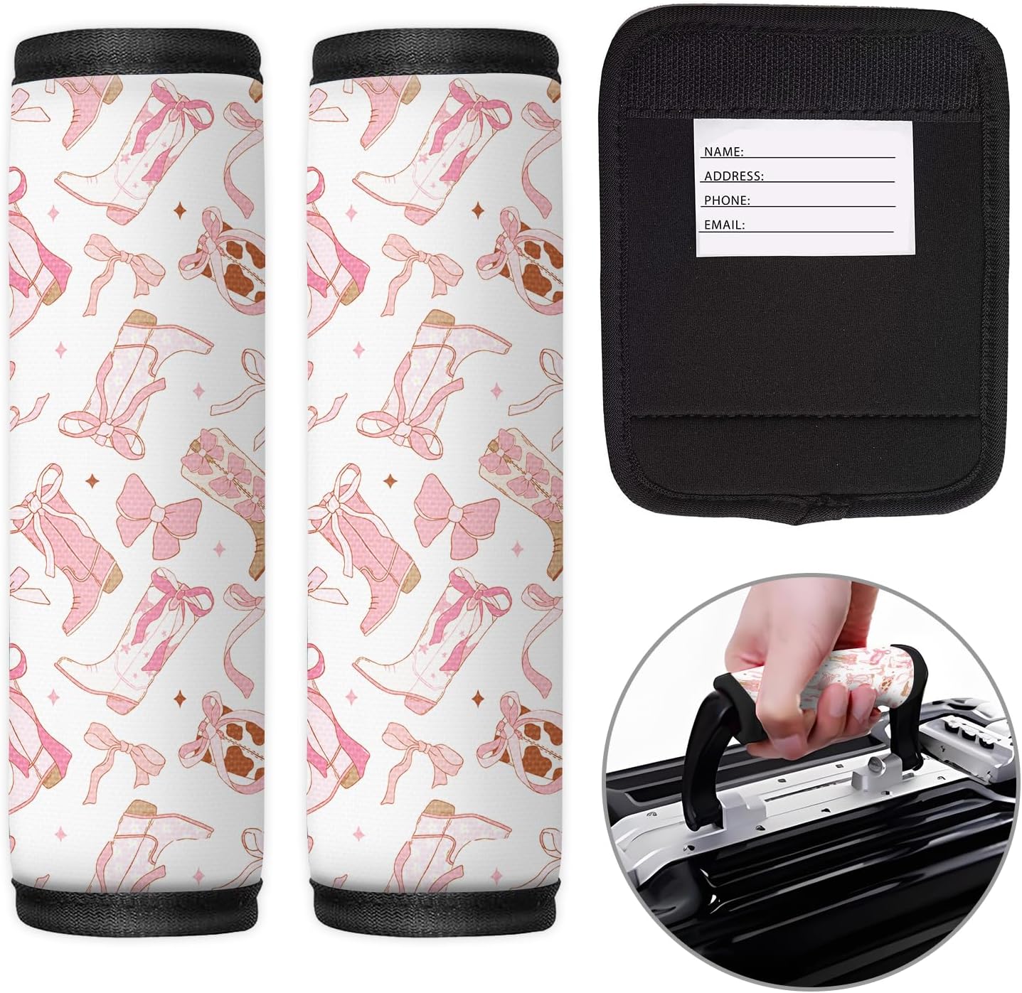 2 Pack Luggage Handle Wrap Travel Tags - Set of Luggage Tags for Suitcases, Identifiers, Marker, and Handle Covers - Cruise Accessories and Travel Gifts（Cute Pink Bow Boot