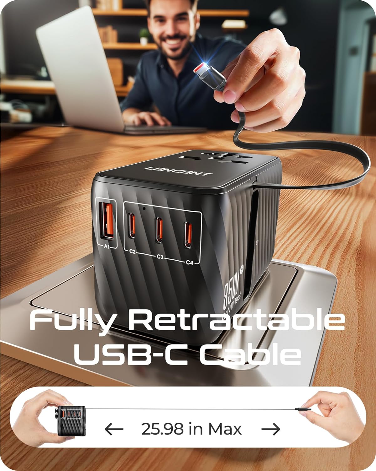 LENCENT 85W Universal Travel Adapter with Retractable USB C Cable, GaN International Plug Adapter