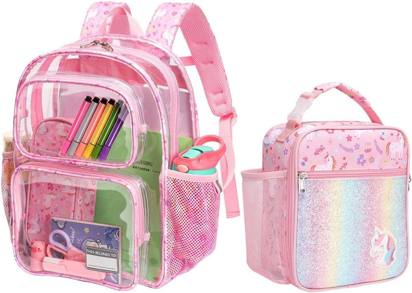 Bagseri 2pcs Clear Backpack for Girls - 15 Inch Backpack and Lunch Bag Set, Heavy Duty Transparent Bookbag for School, See Through Bag for Kids Aged 3 to 8, Pink Unicorn