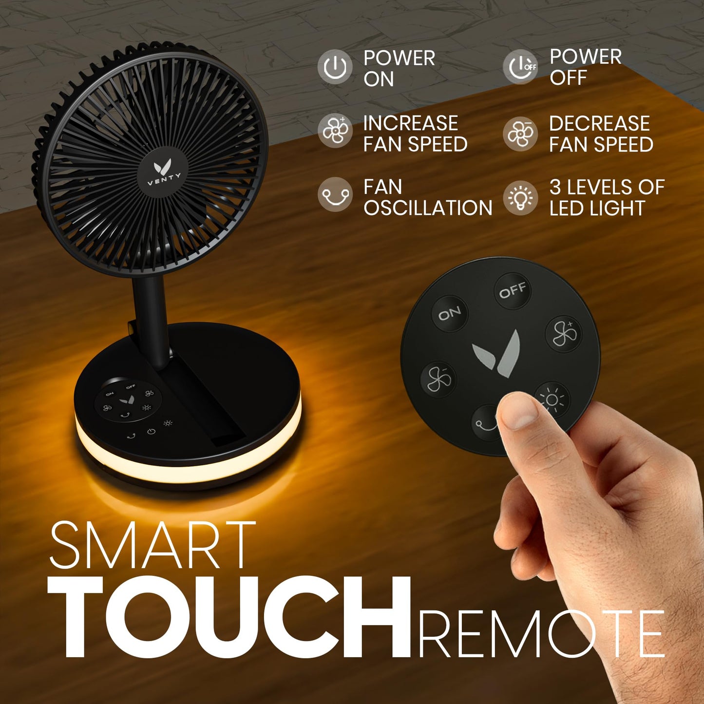 VENTY Portable Fan - Wireless Battery Operated Fan - 4 Speeds - LED Lighting - Carry Case & Remote