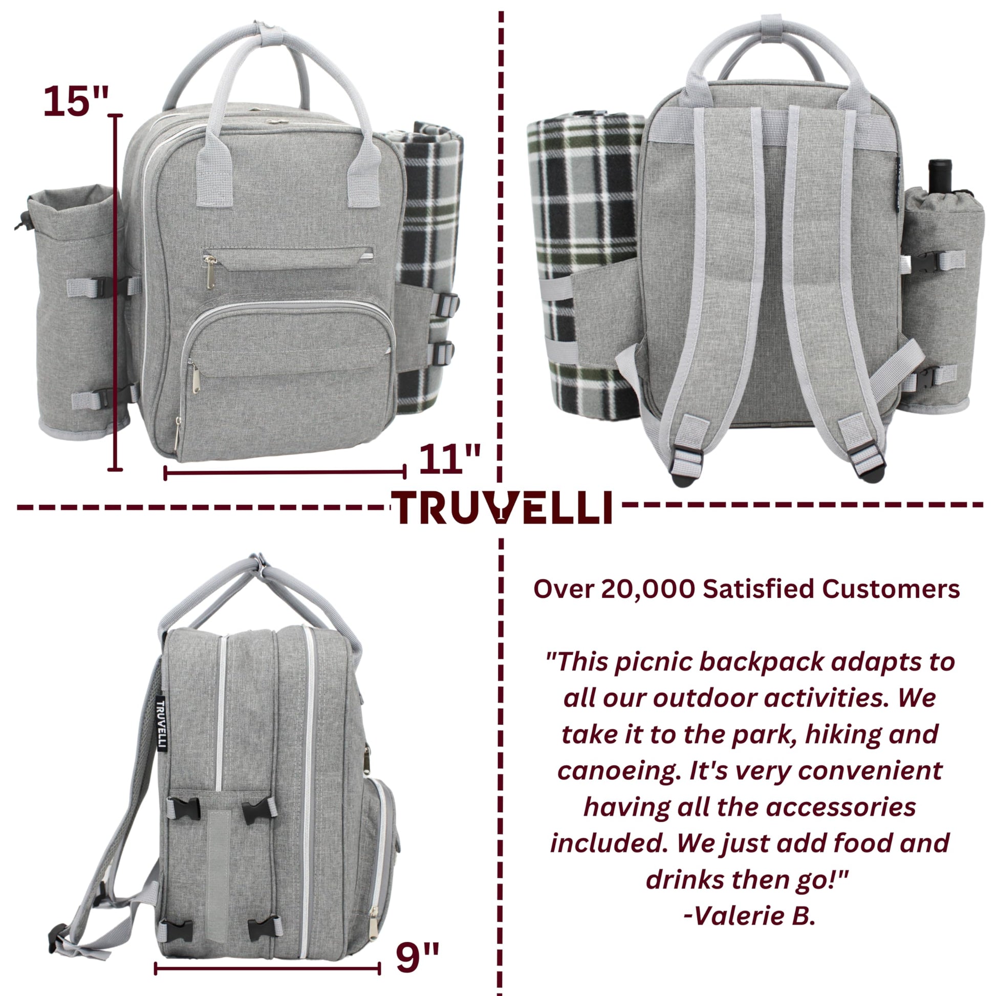 Picnic Backpack for 2, Insulated Basket Set with Blanket, Gray, 12-in-1