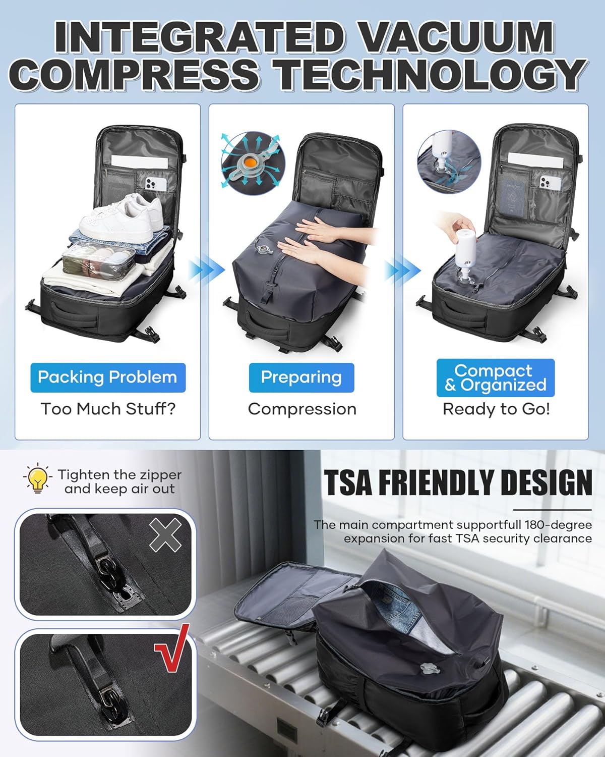 Vacuum Backpack Travel with Pump,Personal Item Carry on Vacpack Backpacks Flight Approved 18x14x8 inches for Men,Mochila compresion al vacio,Black