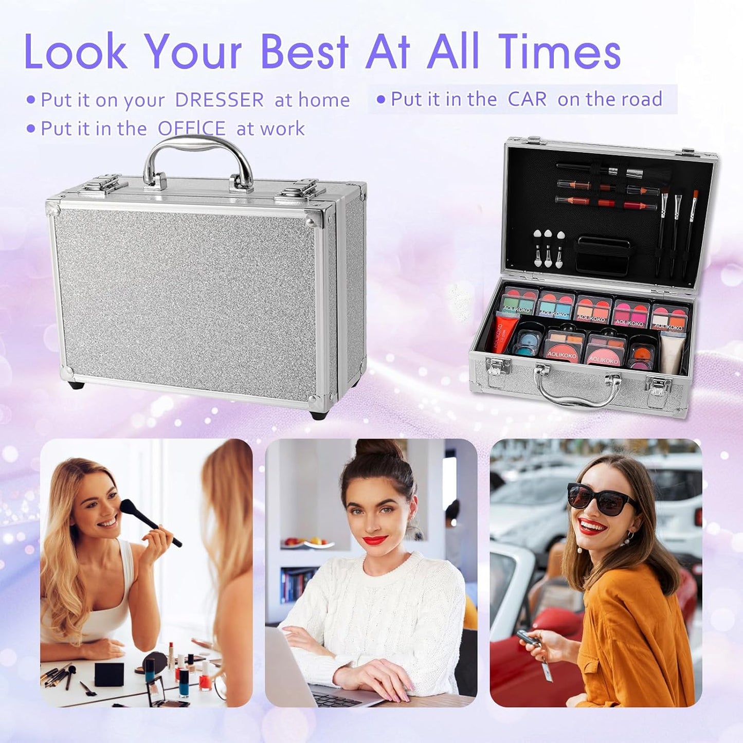 Makeup Kit for Teenager & Women Full Kit, All- In- One Makeup Set With The Cosmetic Train Case, Professional Makeup Kit, Makeup Gift Set for Women Girls(silver)