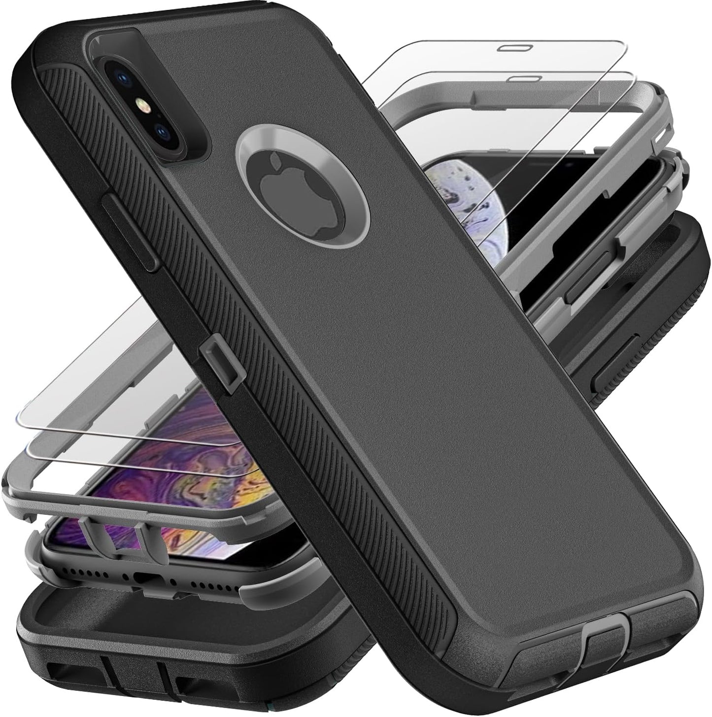 for iPhone Xs Max Case, Military Grade 3 in 1 Heavy Duty Shockproof/Drop Proof/Dust Proof Case with 2Pcs Tempered Glass Screen Protector (Black/Grey)