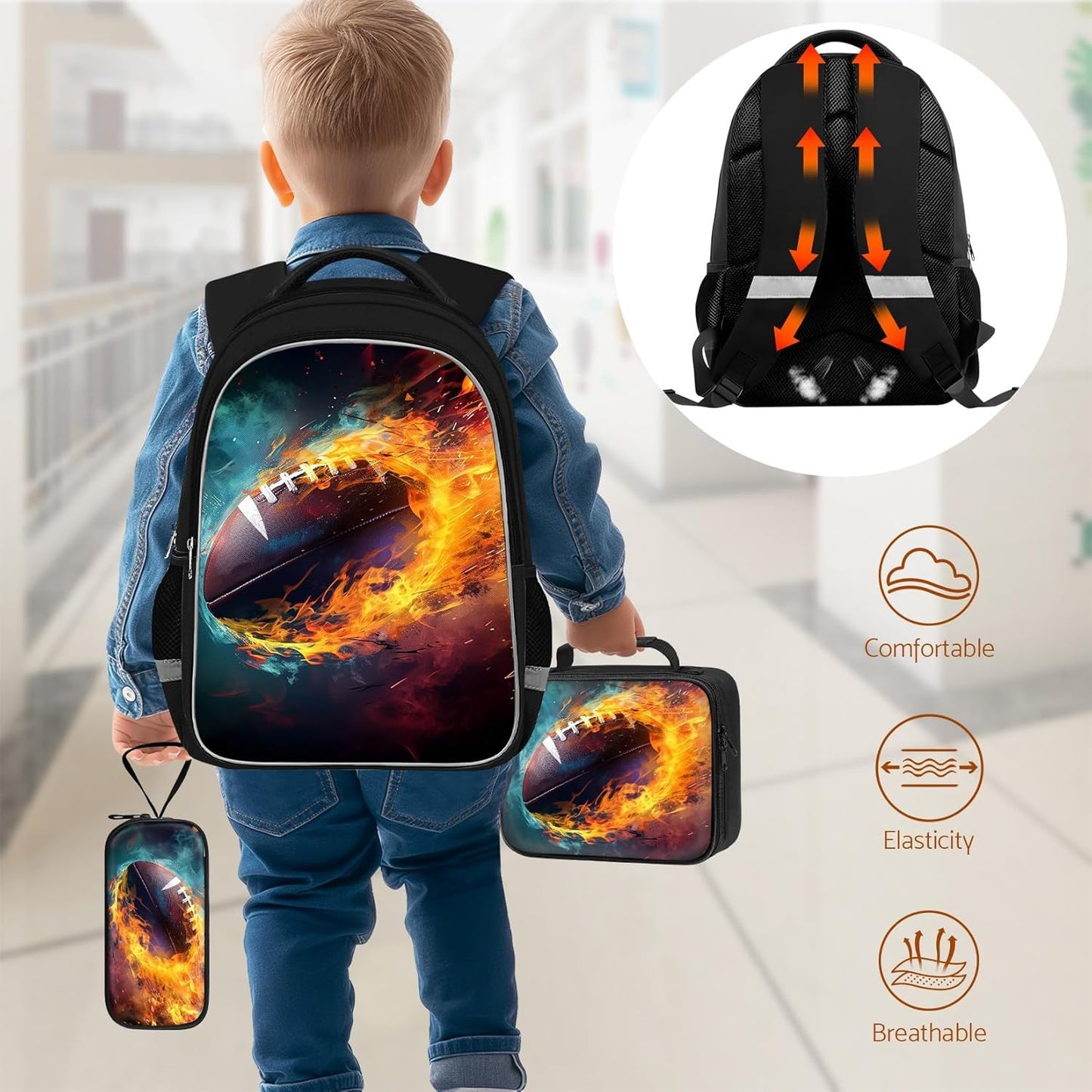 School Backpack for Boys - 4pcs American Football Boys Backpack with Lunch Box Set for Kids Children Teens Elementary Middle School - 17″ Sport Bookbag Travel Back Pack for Age 6-18