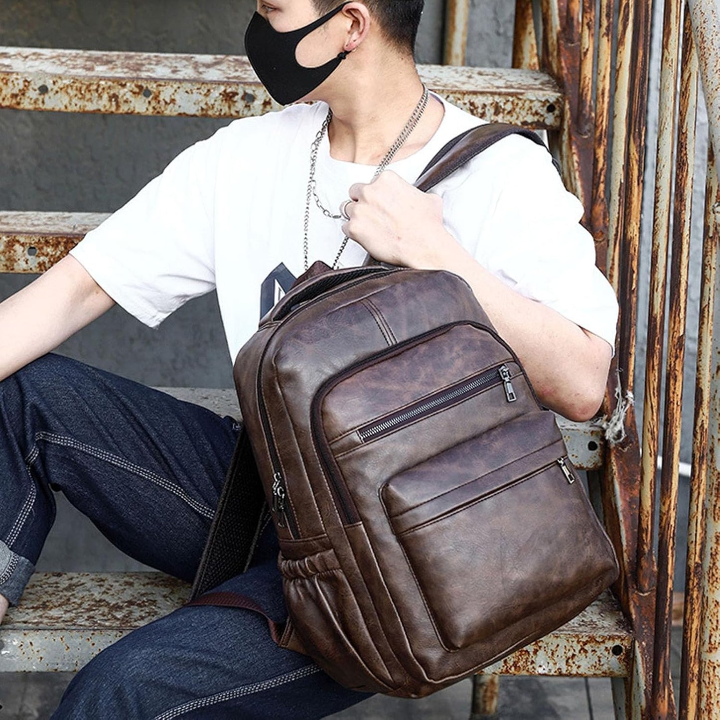 Vintage Leather Waterproof Backpack for Men 16" Laptop Bag Casual Daypack Business Travel Rucksack (Brown)