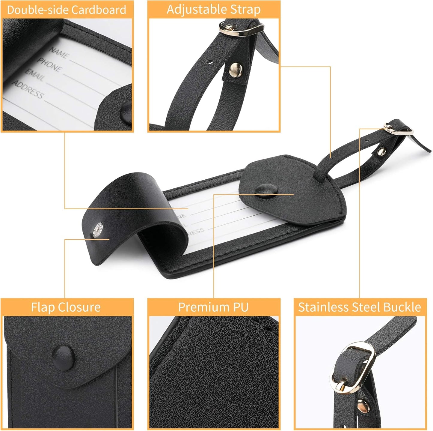 Kevancho Leather Smart Luggage Tags for Men Women, Suitcase Labels Baggage Tote Bag Tag ID Tags with Full Back Privacy Cover for Carnival Cruise Ship, Travel Accessories Tags Set of 2 PCS (Black)