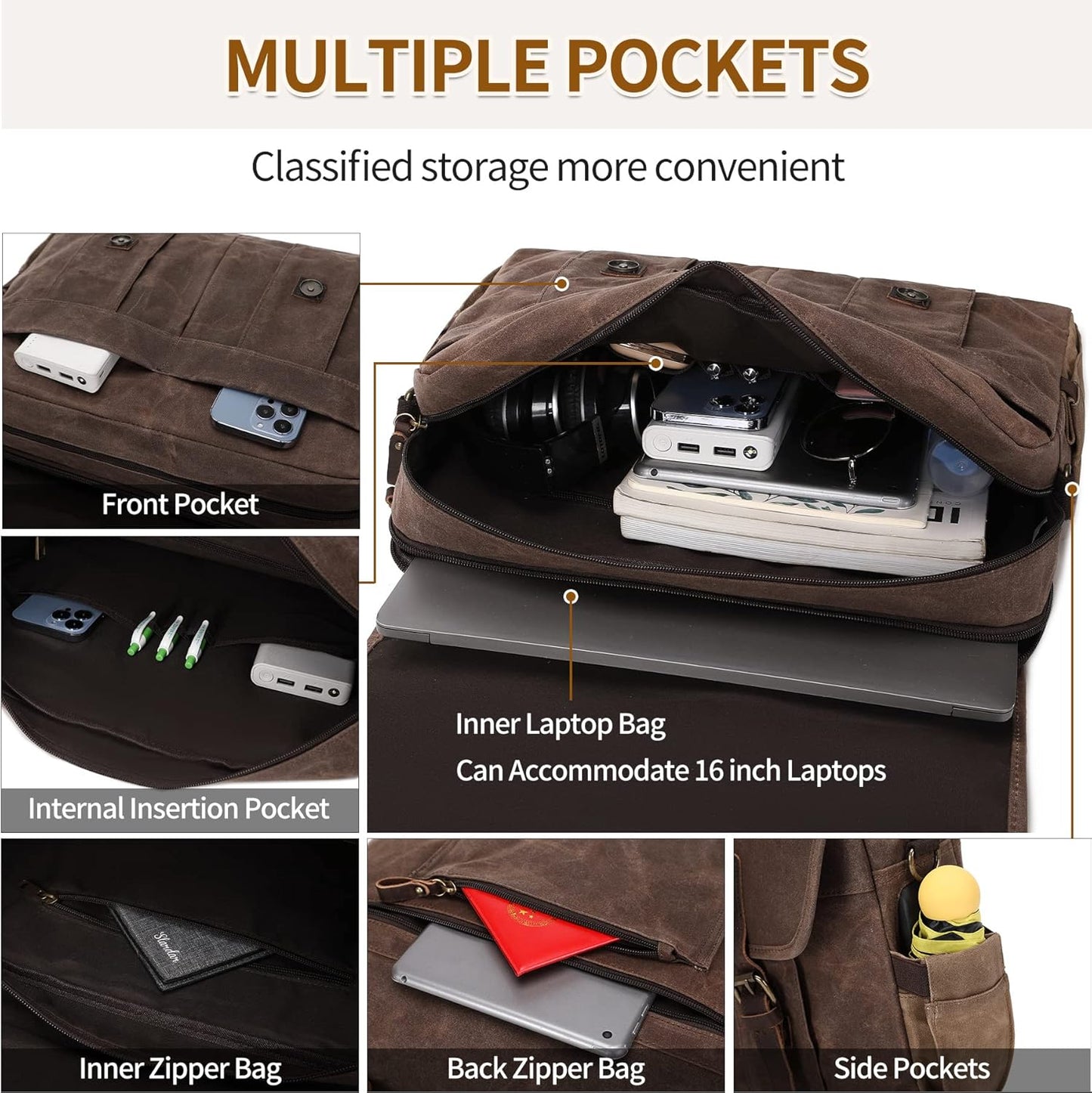Messenger Bag for Men 15.6 Inch Vintage Canvas Genuine Leather Briefcase for Men Laptop Bag Satchel Shoulder Bag