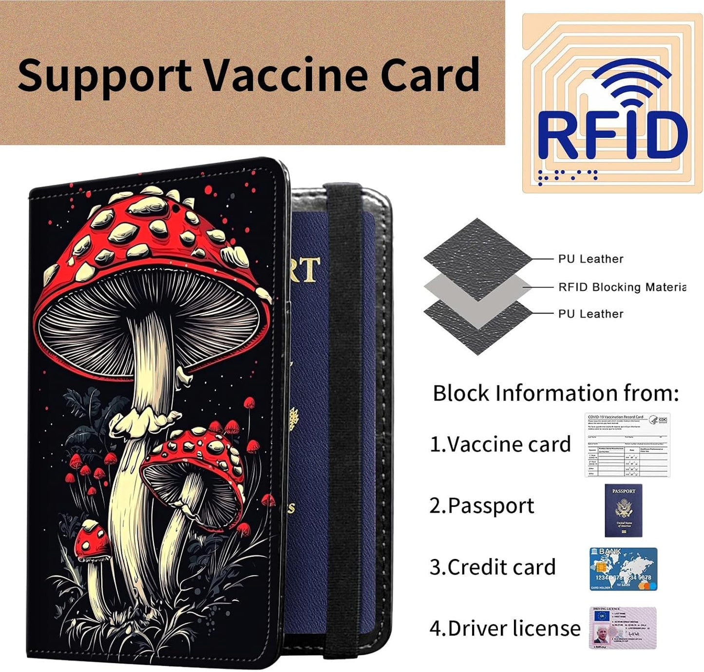 Passport and Vaccine Card Holder Cover Combo,Travel Passport Holder Wallet with RFID Blocking, Leather Vaccine Card Slot Passport Cover Case for Women & Men,Vintage Red Mushrooms