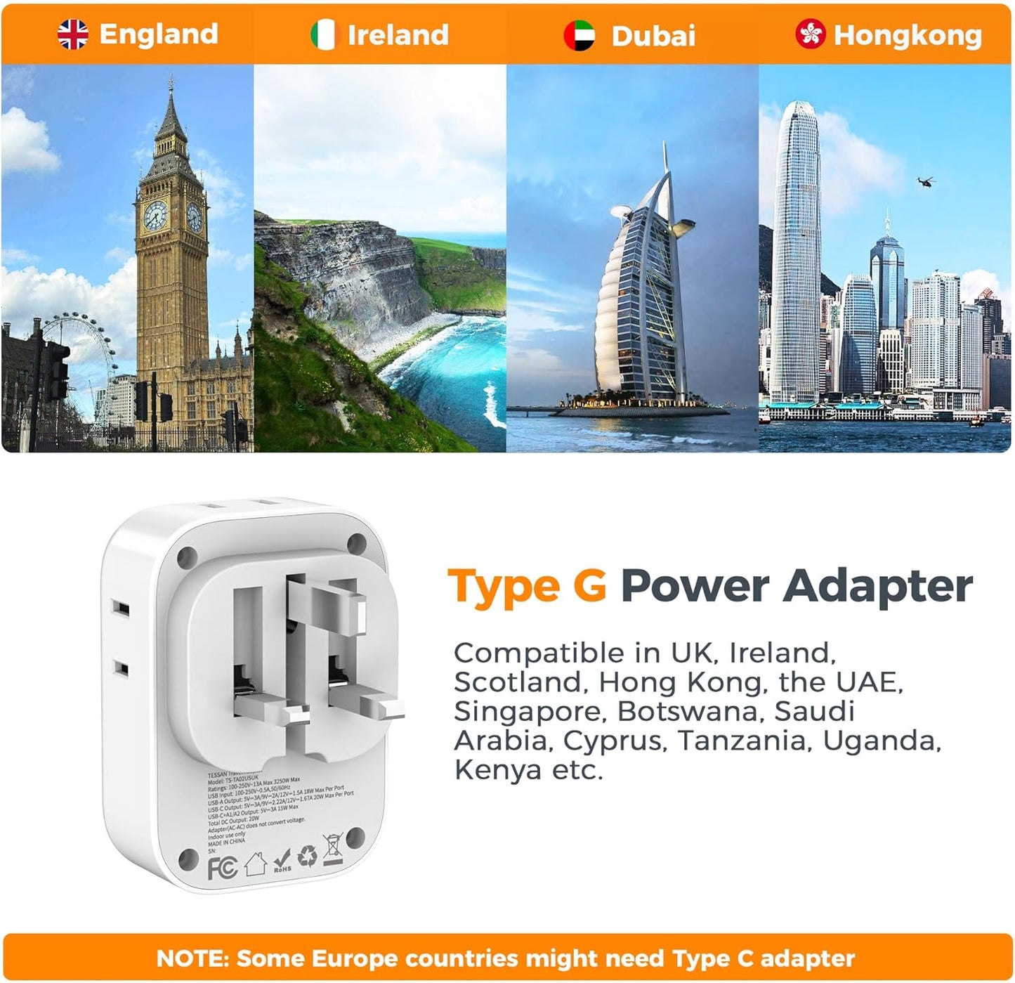 US to UK Plug Adapter, TESSAN UK Adapters for Travel, Foldable Plug with 4 Outlets 3 USB (PD 20W 1 USB C), Type G Power Adaptor for USA to Ireland Scotland England London Hongkong Dubai Irish