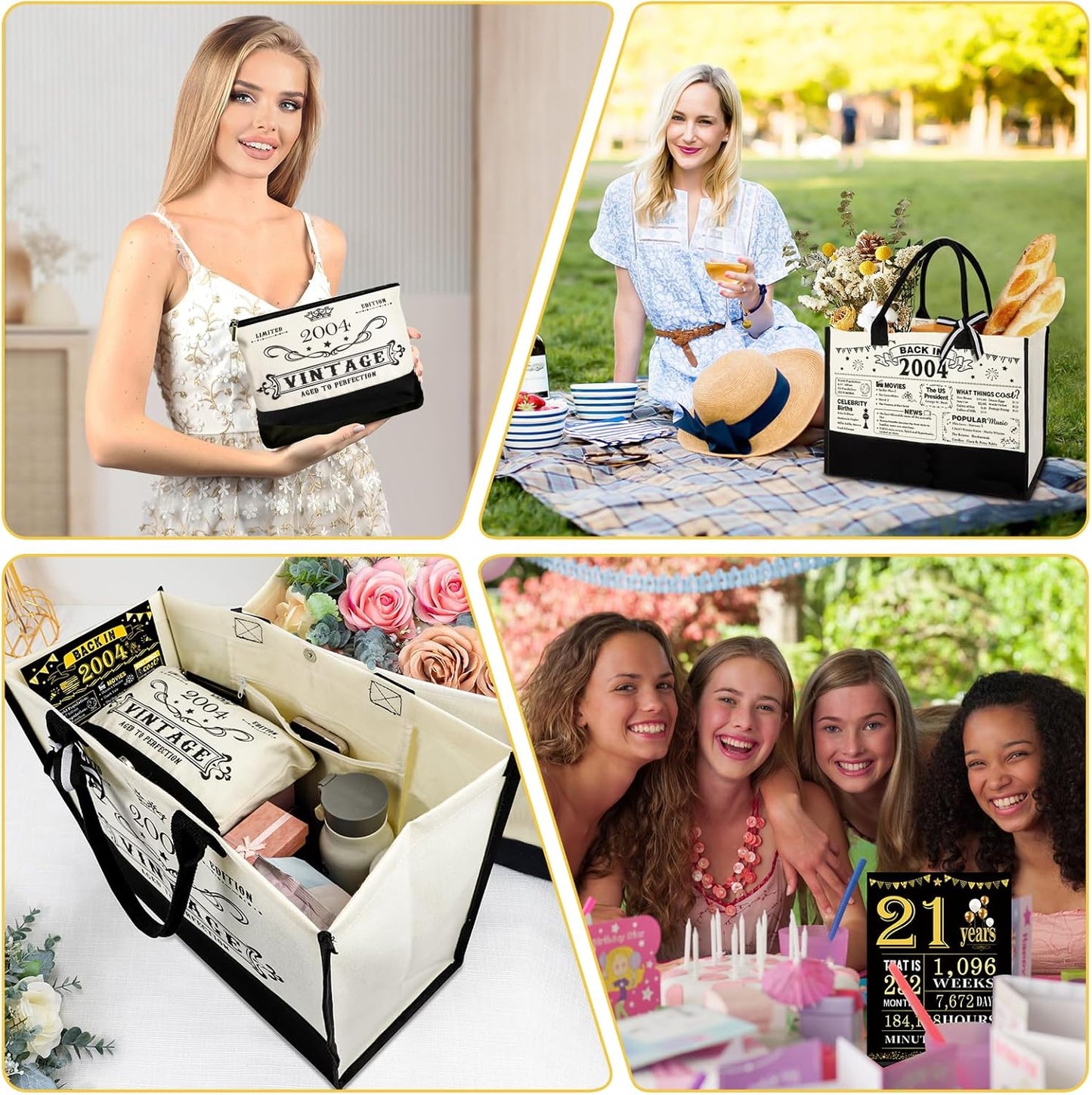 21st Birthday Gifts for Her Canvas Tote Bag Travel Gear, Unique 21 Years Old Birthday Gifts for Girlfriend Sister Friends Women, Vintage 2004 Handbag & Cosmetic Bag & Back in 2004 Poster