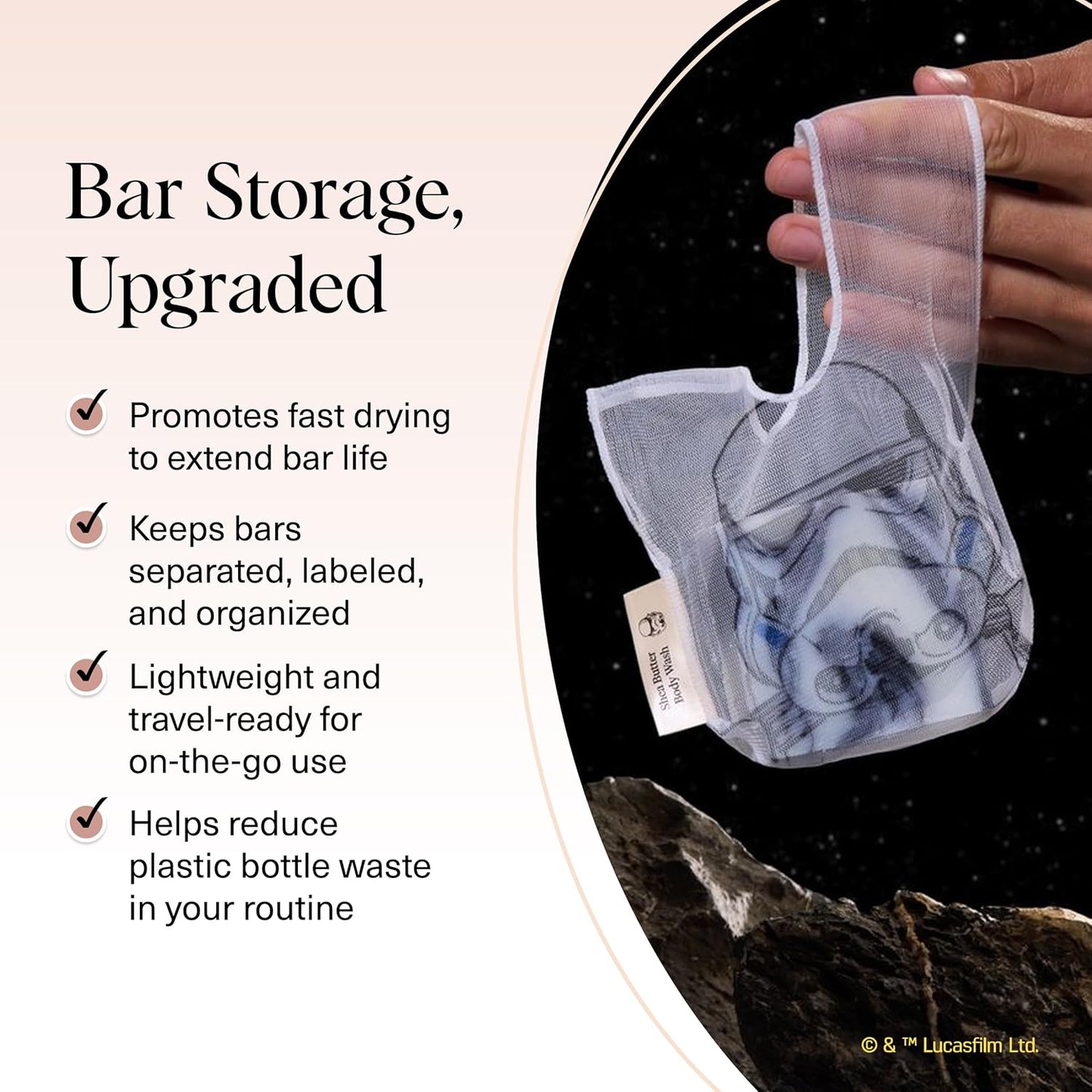Kitsch x Star Wars Stormtrooper Soap Saver Bag – Patented Mesh Bag Soap Holder for Body Wash Bar - Extends Use & Prevents Soggy Mess - Recycled Mesh Beauty Pouch, Eco-Friendly
