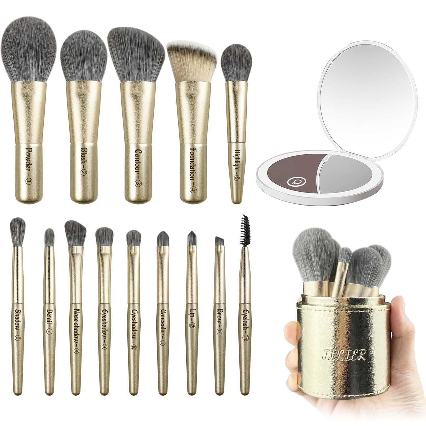 Jilier 14 pcs Mini Makeup Brushes and Pocket Mirror, Travel Makeup Brush Set, LED Compact Mirror