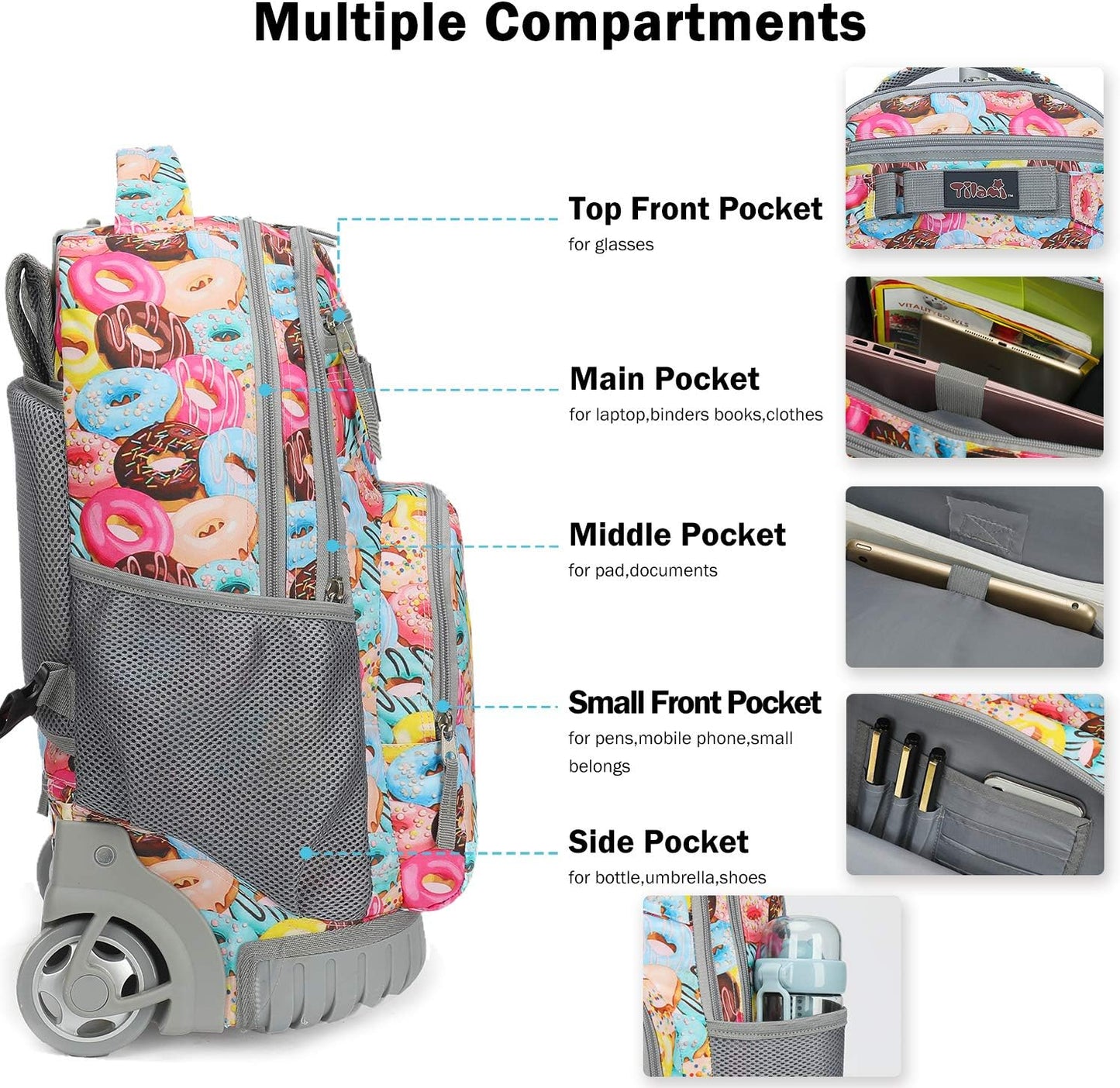 Tilami Rolling Backpack 18 inch Wheeled Backpack School College Student Travel Trip Boys and Girls