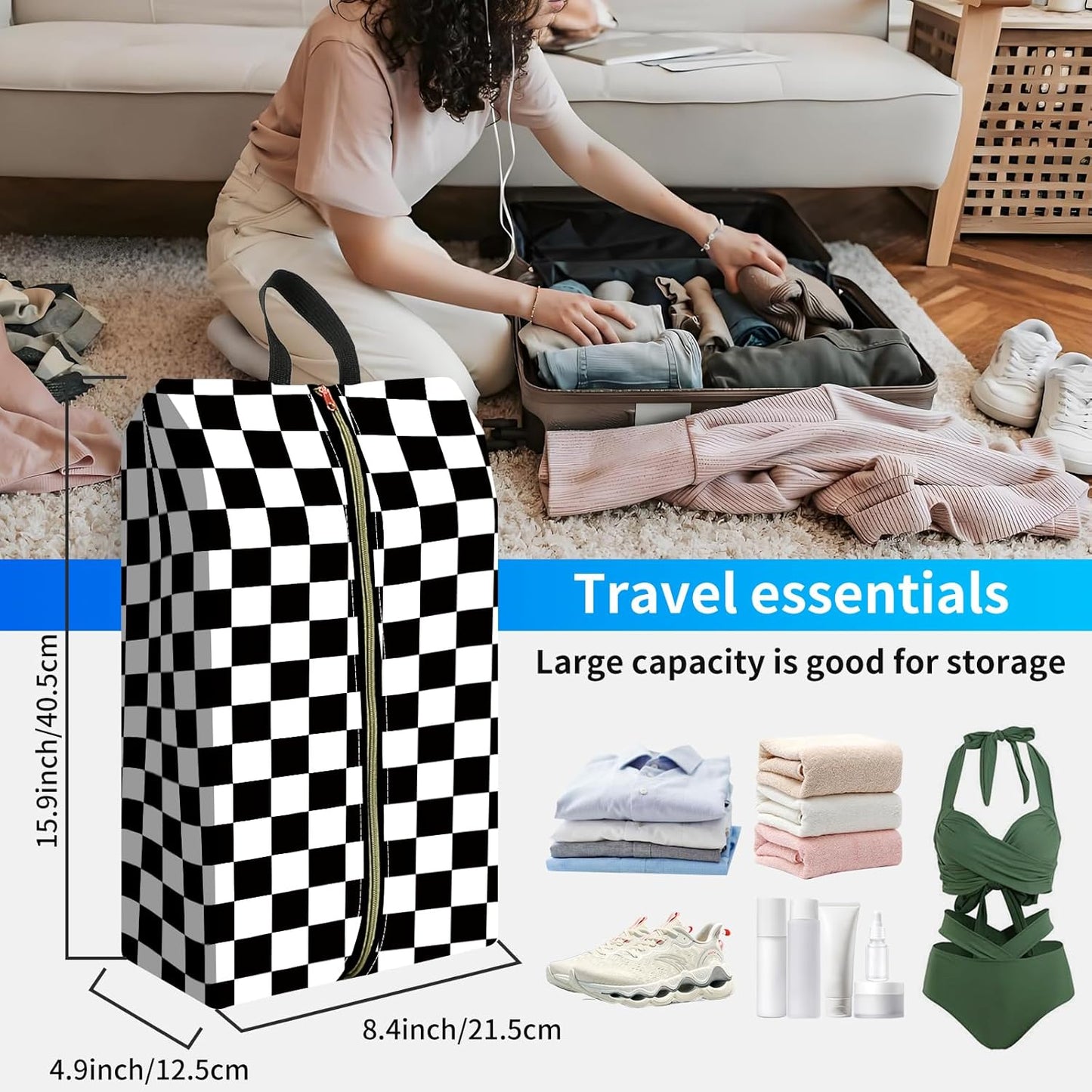2pcs Shoe Organizer for Travel, Packing Shoe Travel Bags, Cute Shoe Bag with Zipper & Handle, Portable Travel Essentials for Women and Men Black White Checker