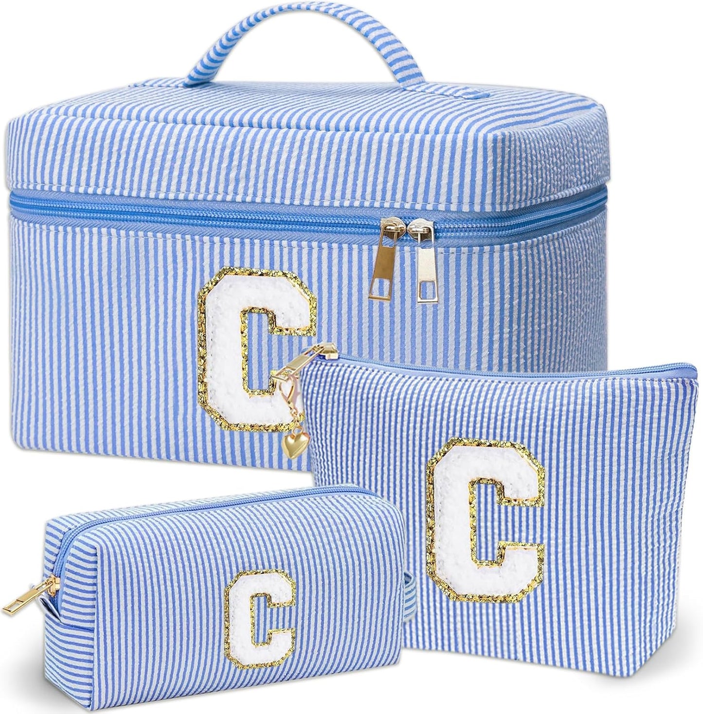Personalized Monogram Makeup Bag, 3PCS Custom Monogrammed Toiletry Cosmetic Bag for 6-18 Teen Girls Women,Birthday Graduation Gifts Initial Pouch Makeup Bags for Women Girls, Make Up Bag (C, Blue)