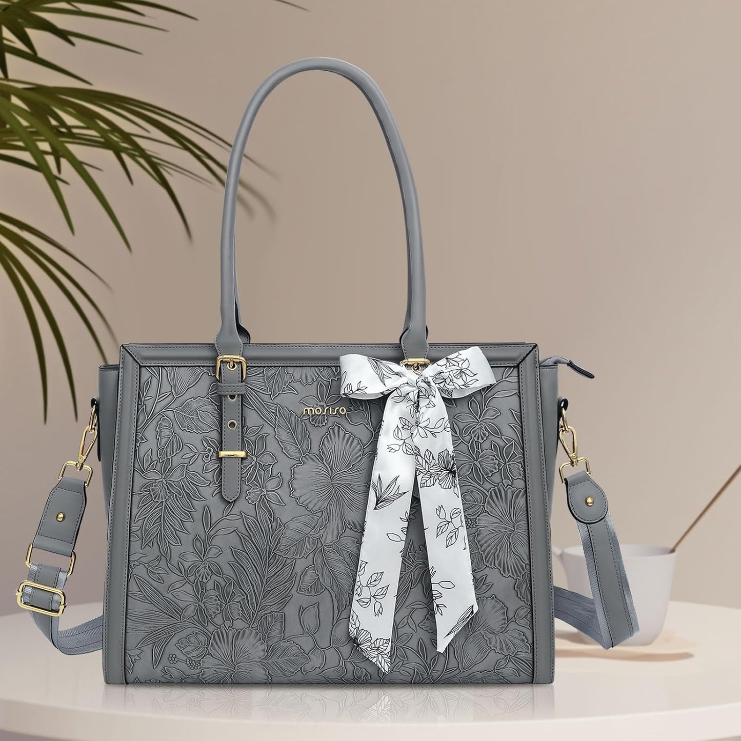 MOSISO Laptop Bag for Women, PU Leather Tote Bag, Front Embossed Retro Hibiscus Computer Bags with Silk Scarf&Clutch Purse