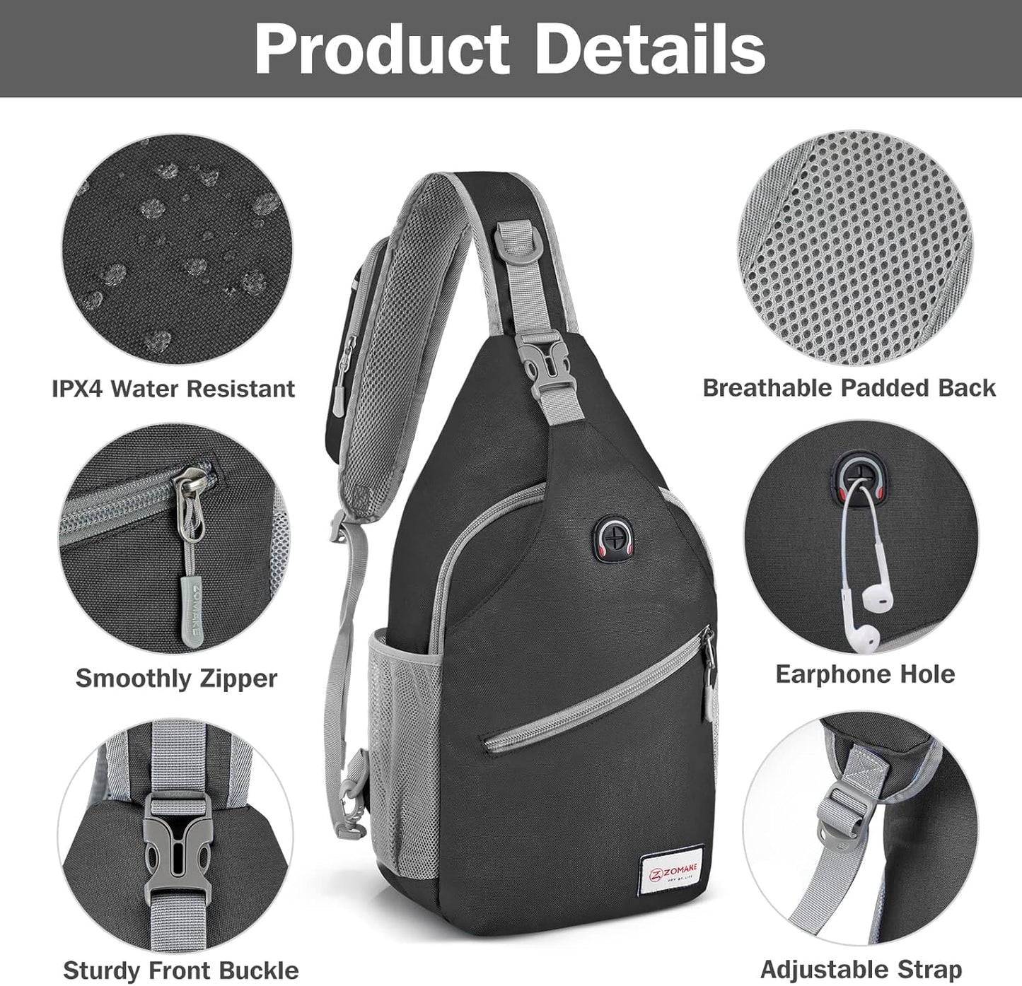 ZOMAKE Sling Bag,Small Crossbody Sling Backpack,Water Resistant Shoulder Daypack for Travel,Anti Thief Chest Bag for Hiking(Black(New))