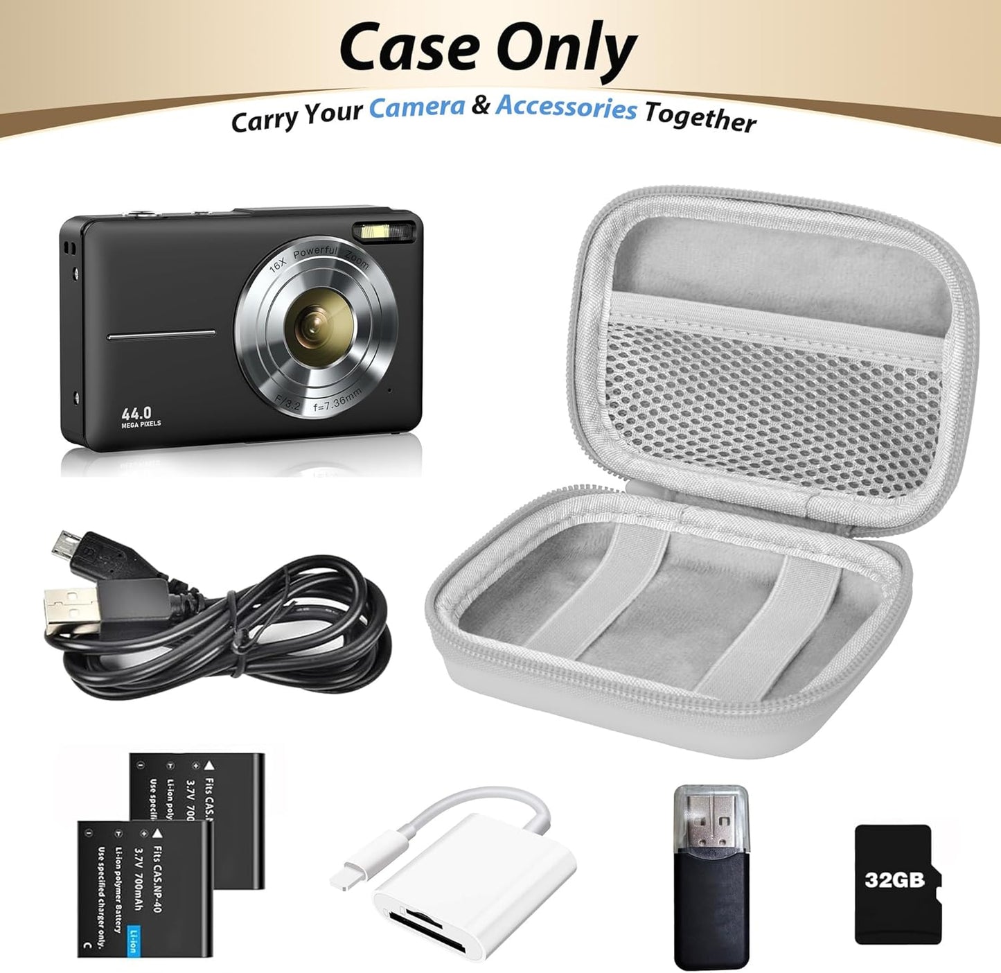 Digital Camera Case for CAMKORY, KODAK PIXPRO FZ45/FZ55, Canon IXUS 285 HS, Lecran, Small Travel Compact Camera Holder with Mesh Pocket for Accessories SD Card (Grey-PU)