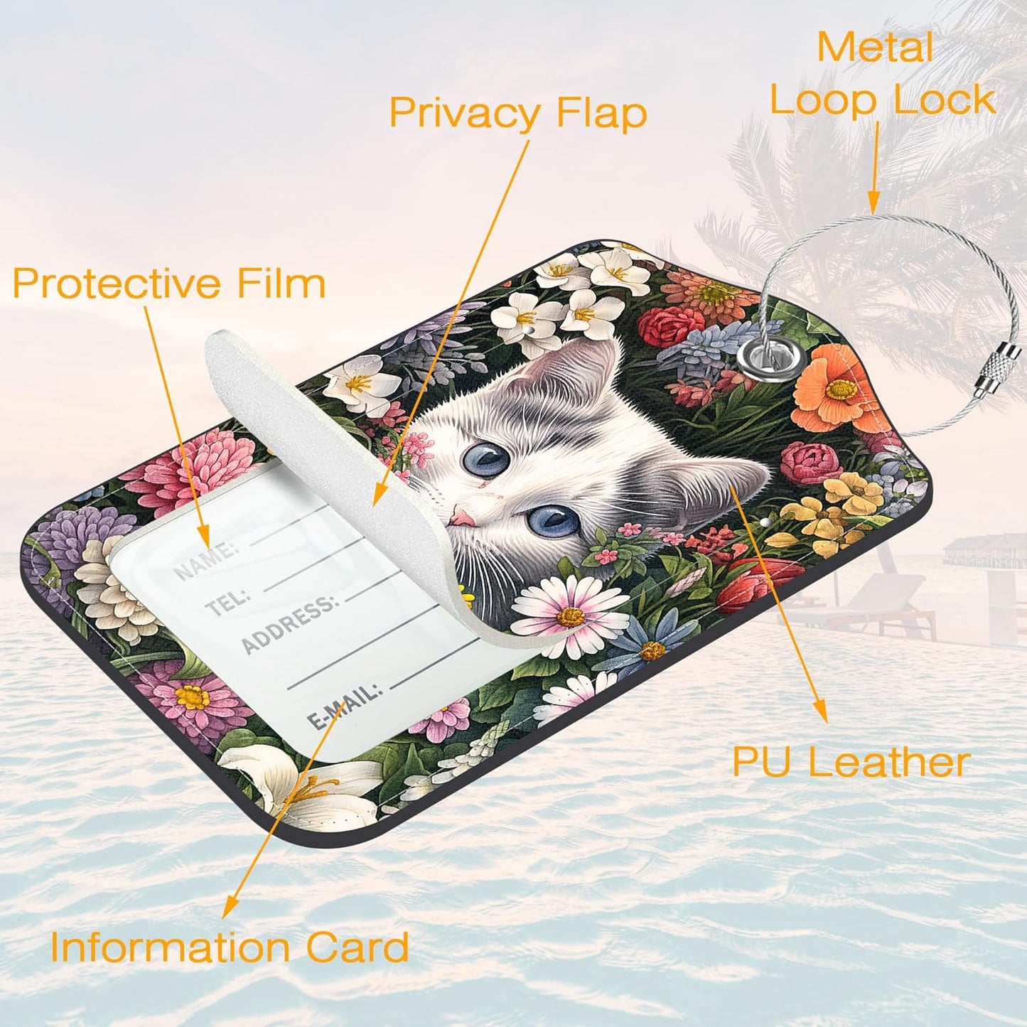 Cute Kitten Luggage Tag for Suitcase 3 Pack Cat and Flower Leather Luggage Tag with Privacy Flap Name ID Label and Metal Loop for Women Men Travel