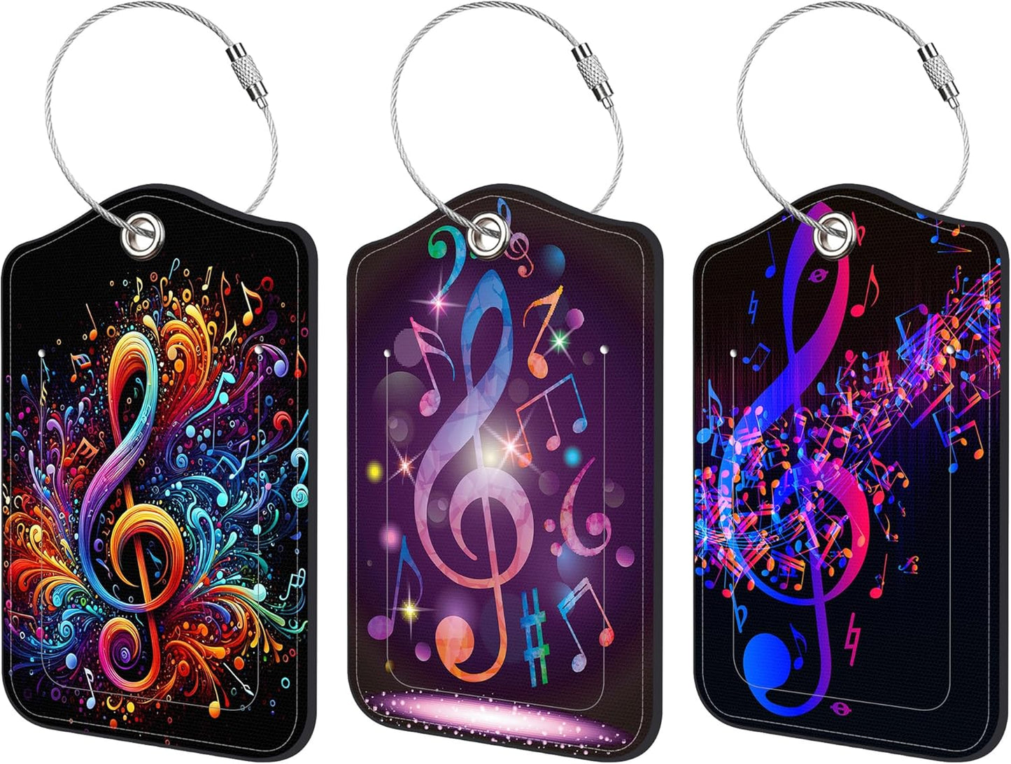3 Pack PU Luggage Tags for Suitcase, Colorful Music Notes Suitcase Tag Leather Privacy Cover ID Label with Stainless Steel Loop for Baggage Handbag School Bag Backpack