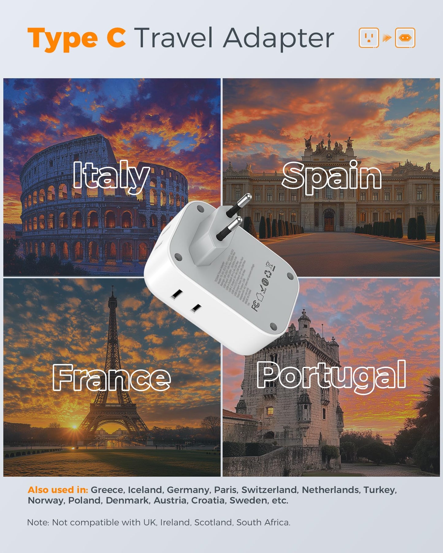 TESSAN European Travel Plug Adapter 3 Pack, US to Europe Plug Adapter
