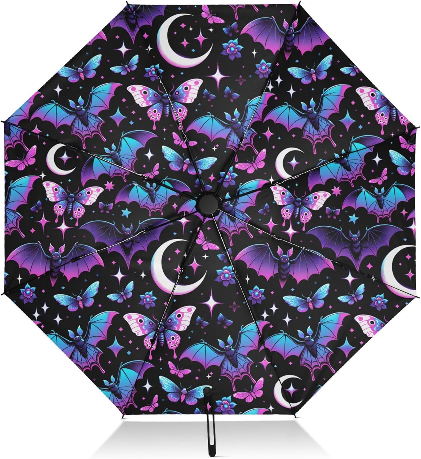 Automatic Folding Umbrella Windproof Strong, UV Protection Compact Black Gothic Moon Spider Webs and Bats Sun Rain Sun Rain Travel Umbrellas for Women Men