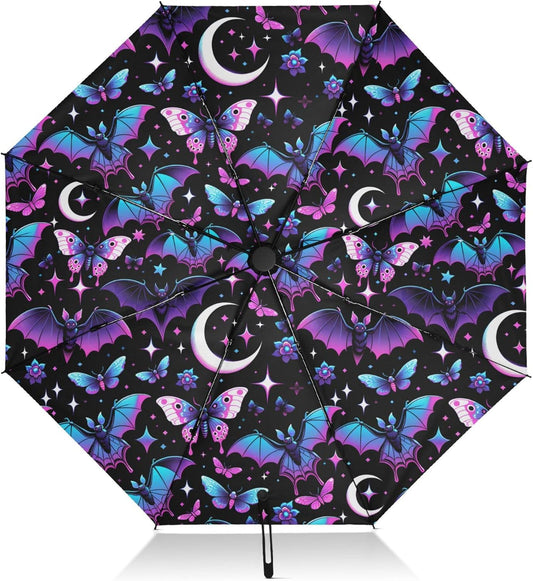 Automatic Folding Umbrella Windproof Strong, UV Protection Compact Black Gothic Moon Spider Webs and Bats Sun Rain Sun Rain Travel Umbrellas for Women Men