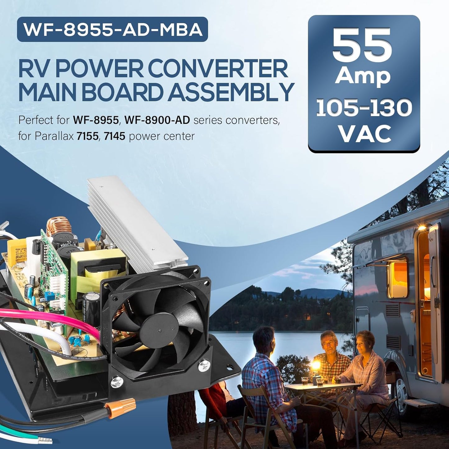 WF-8955-AD-MBA RV Power Converter Main Board Assembly 55 Amp for RV Trailer Camper WF-8955, WF-8900-AD, WF-8955-MBA Series Converters, for Parallax 7155, 7145 Power Center 105-130 VAC, 60 Hz, 950 W