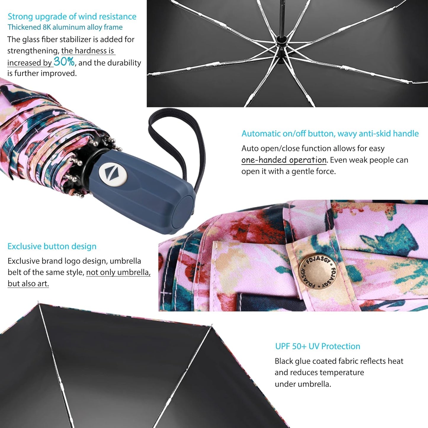 FDJASGY UV Sun Umbrella Compact Folding Travel Umbrella Auto Open Close Compact Folding Rain