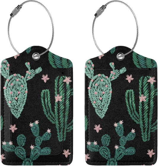 2 Pcs Funny Cactus Plant Pu Leather Luggage Tag for Suitcases, Cactus Party Decorations, Cruise Essential Travel Gift for Men Women Couples, Cute Christmas Birthday Unique Ideas Gifts