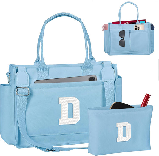 Gifts for Women Teen Girls, Initial Tote Bag with Zipper, Letter Canvas Tote Purse for College Work Laptop Beach