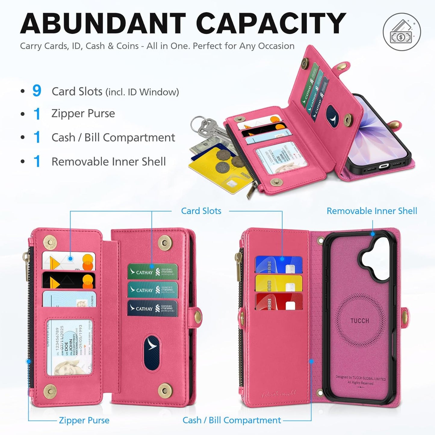 TUCCH Detachable Crossbody Case Wallet for iPhone 17 (6.3"), Wireless Charging | RFID Blocking 9 Card Holders | Lanyard | Wrist Strap | Stand | Zipper Pocket | PU Leather | Magnetic Cover | Hot Pink