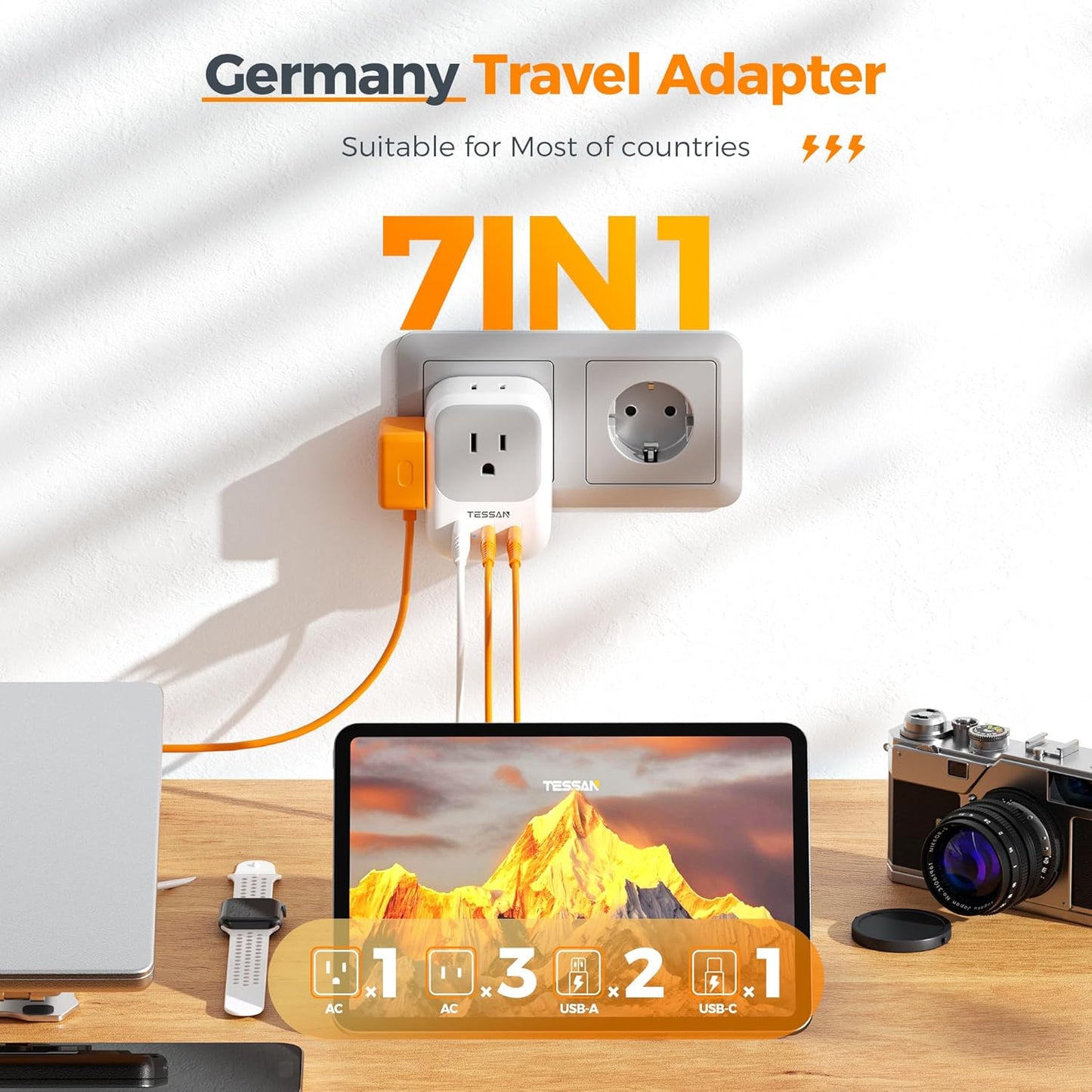 TESSAN Type E F Plug Adapter, France Travel Power Adaptor with 3 USB Ports(2 USB C) and 4 AC Outlets, US to Europe EU Germany Spain Greece Portugal Iceland Paris Russia Poland Norway