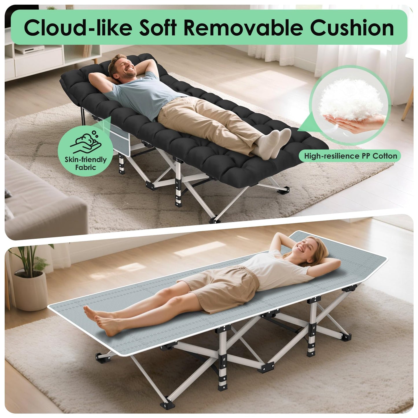 Suteck Camping Cot, Folding Camp Bed for Adults with Soft Thicker Cushion