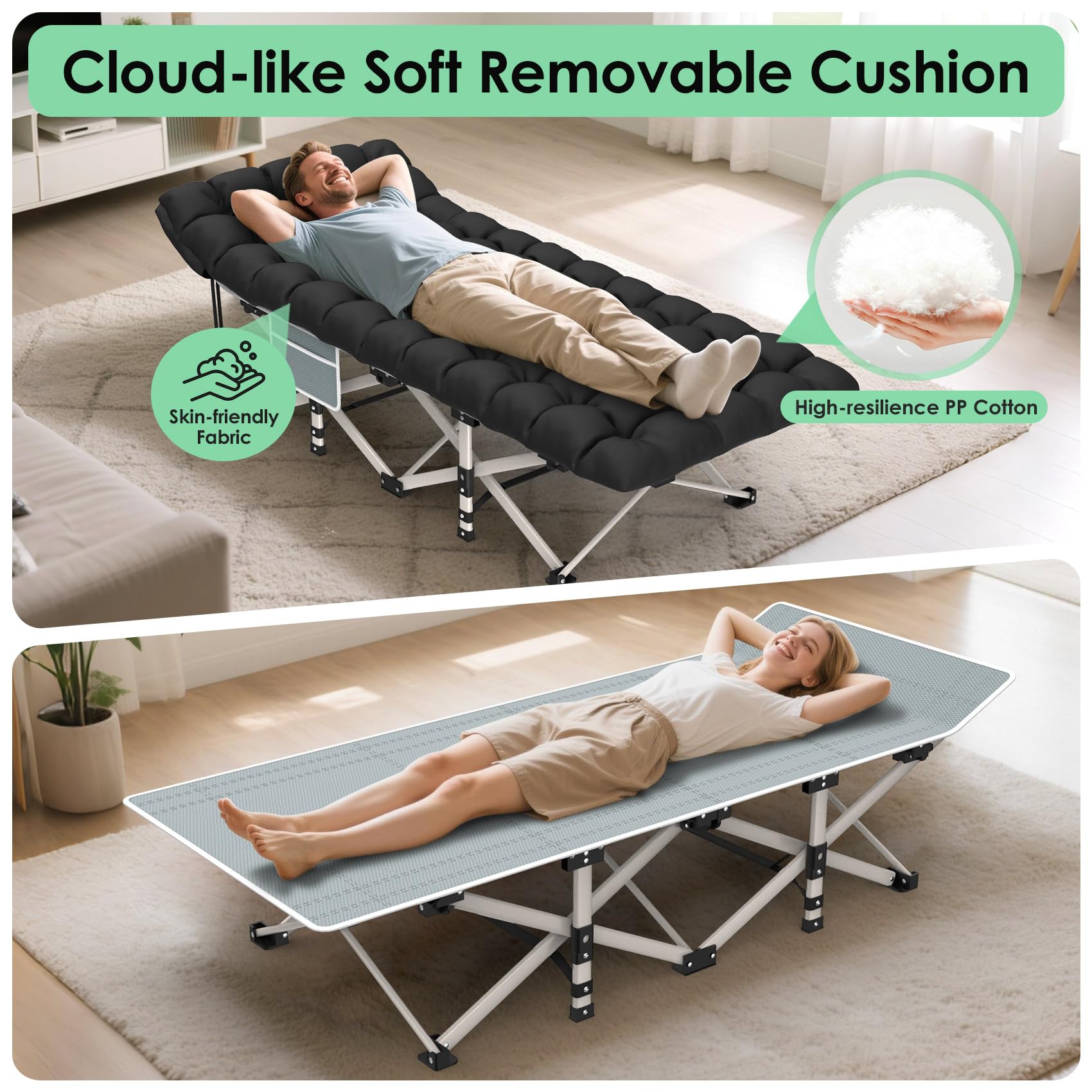 Suteck Camping Cot, Folding Camp Bed for Adults with Soft Thicker Cushion