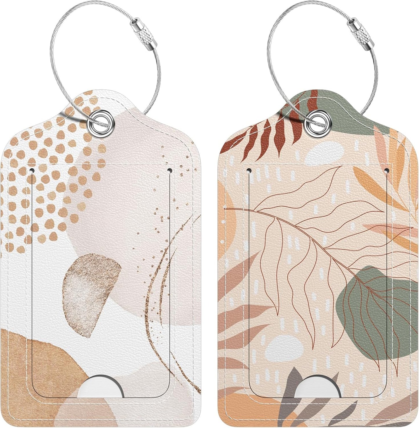 2 Pack PU Leather Luggage Tags for Suitcase, Travel Cruise Luggage Tag with Privacy Flap, Name ID Label and Metal Loop for Women Men Baggage Handbag School Bag Backpack, Modern Abstract Leaves