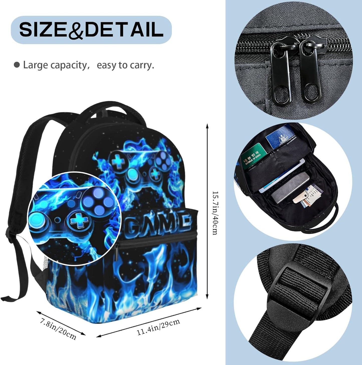 School Backpack For Boys Blue Gamepad Boy Backpack For Kids Children Teens Elementary Middle School Fire Boys Backpacks Ages 6-18 Video Games Bookbag back pack for Adults Teens Boy
