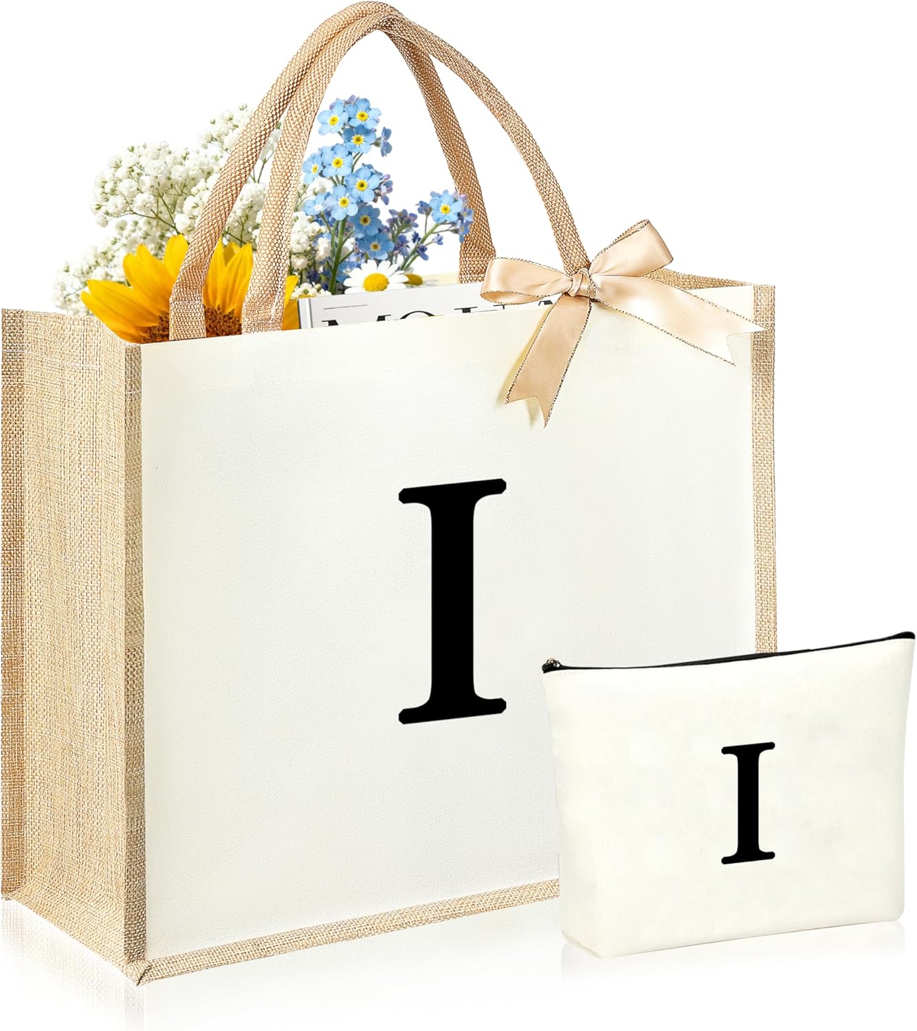 Initial Canvas Tote Bag & Makeup Bag for Women Teacher Bridesmaids，Personalized Present for Wedding, Birthday, Beach