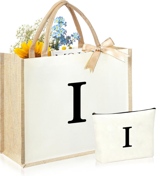 Initial Canvas Tote Bag & Makeup Bag for Women Teacher Bridesmaids，Personalized Present for Wedding, Birthday, Beach
