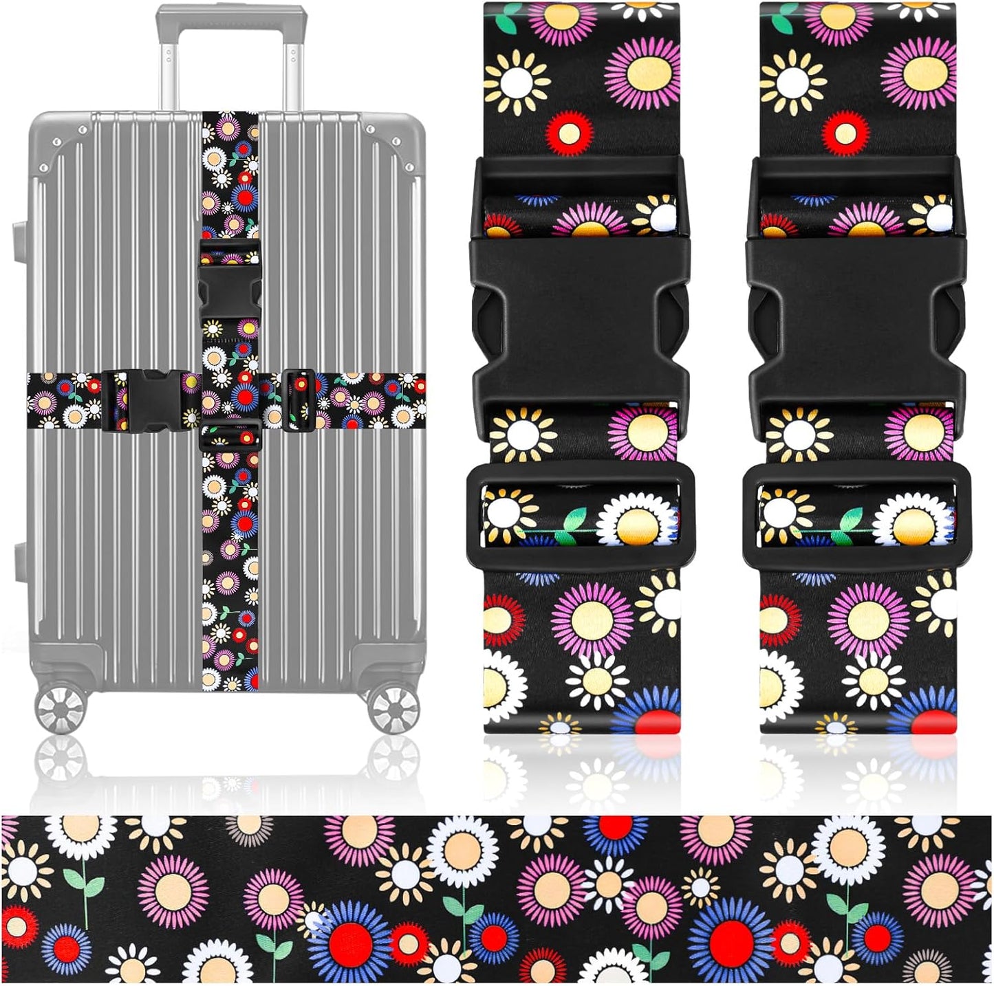 BILIONE Vibrant Flowers-Pattern Luggage Straps for Suitcases, Travel Belt Accessories Luggage Identifiers Adjustable Nylon Suitcase Belts for Travel 2 Pack (Colorful Gerberas)