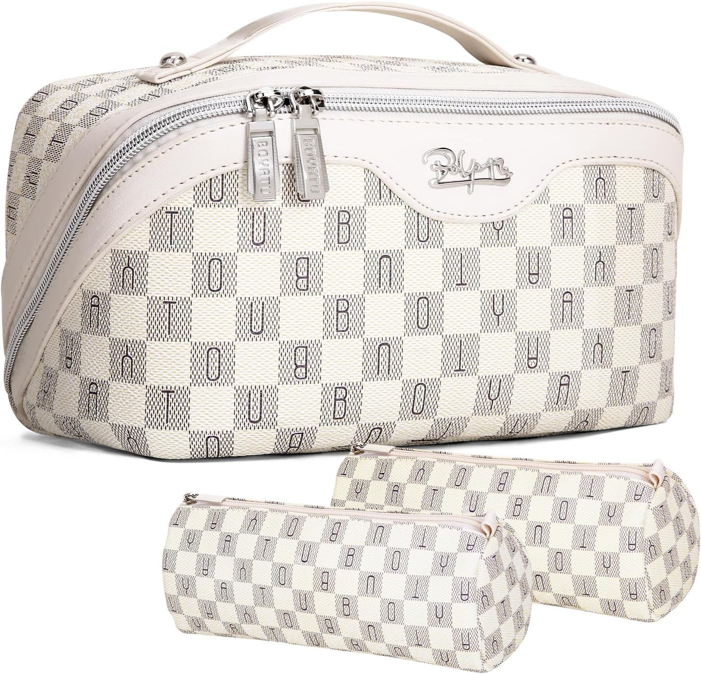 BOYATU Travel Makeup Bag Cosmetic Bags for Women: 3 Pcs Set Portable Make up Bag with Handle - Vegan Leather Toiletry Bags with Compartments - Makeup Organizer for Travel Essentials(C-4-Beige)