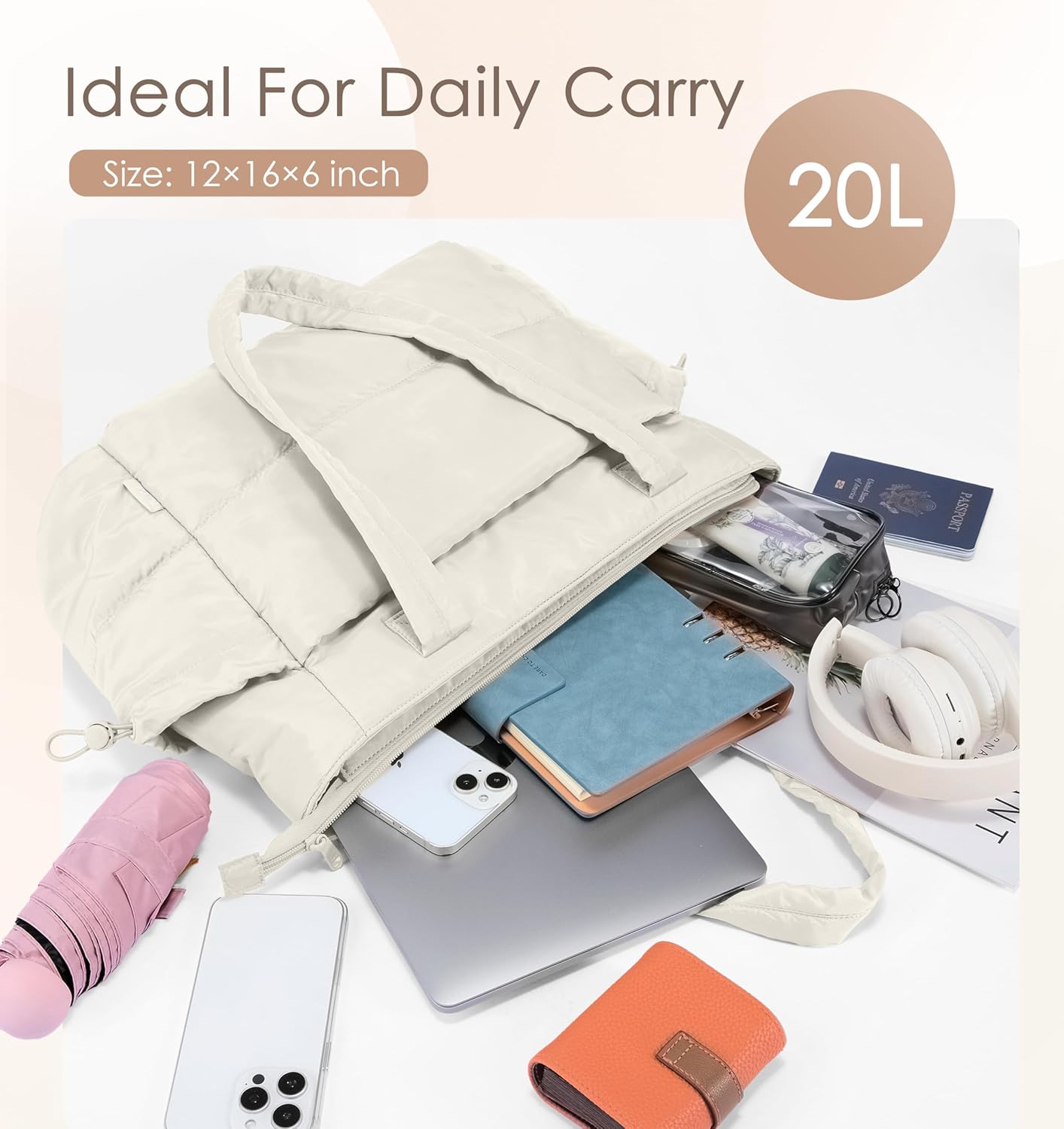 Tote Bag for Women Puffy Work Bags for Women with Zipper Lightweight Quilted Puffer Tote Bag for Travel, Teacher, Nurse