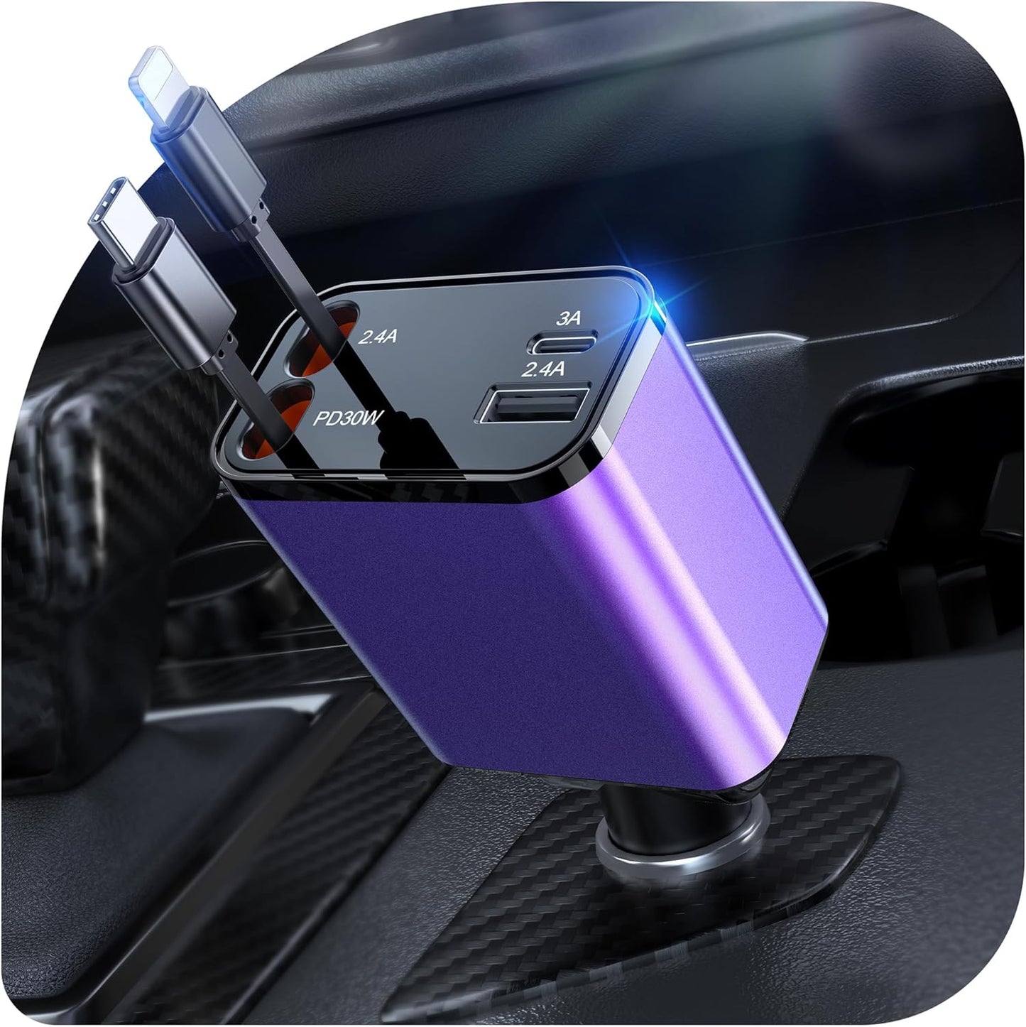 69W Retractable Car Charger, 4-in-1 Fast Car Phone Charger with 2.6ft Two Retractable Cables and USB C+USB A Car Charging Block Cube, Compatible with iPhone 15 16 17 Pro Max Plus,Galaxy,Pixel(Purple)