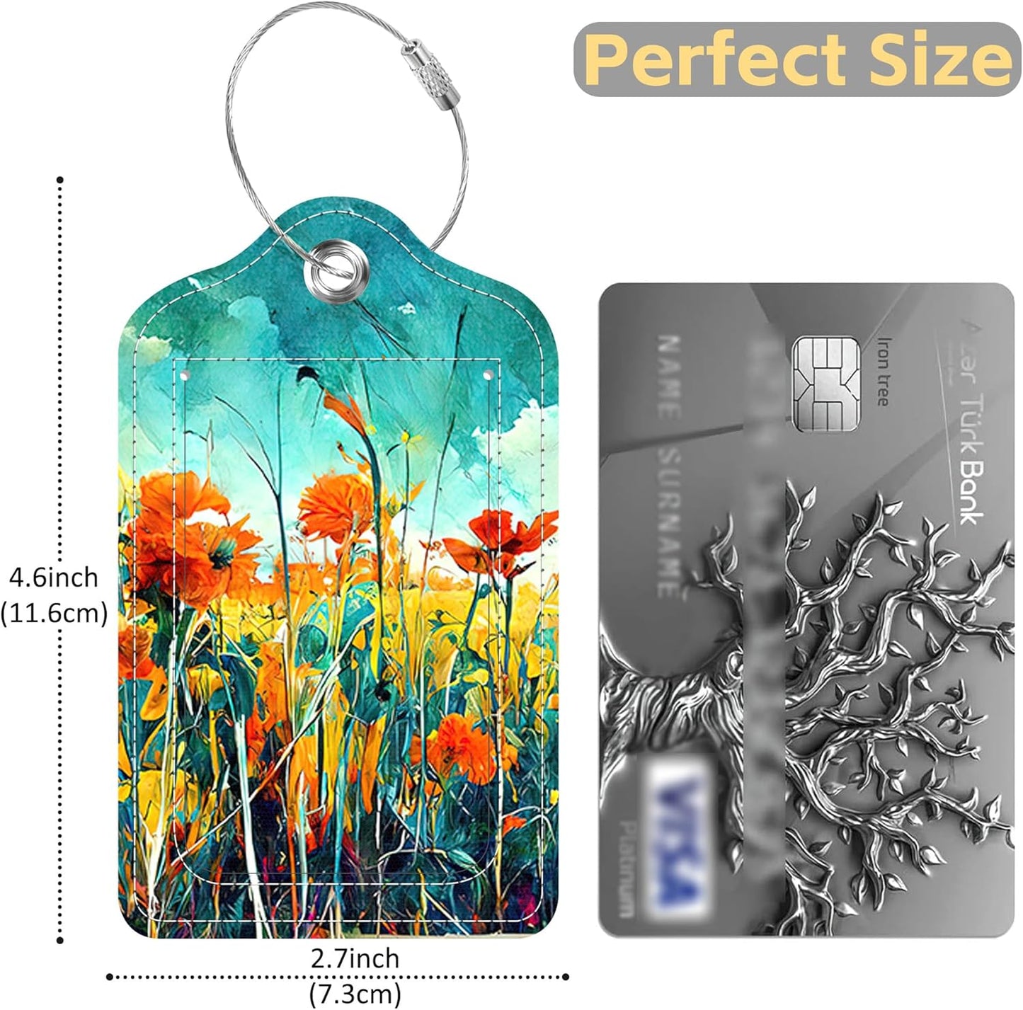 Watercolor Flowers Acrylic Drawing Luggage Tags 2PCS PU Leather Suitcases Tag with Stainless Steel Loop and Privacy Name Address Cover Label Card for Women Men Travel