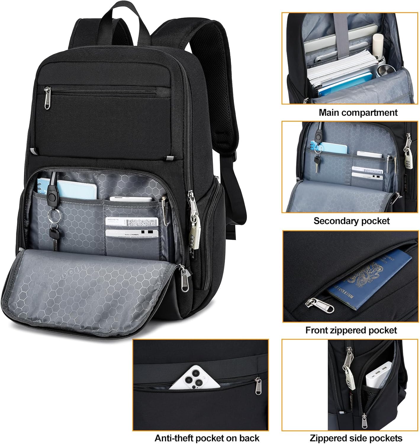 WYCY Laptop Backpack for Men - Anti Theft Computer Bag for Work, Business, College, Travel, Mochilas Para Hombres, 17.3 Inch, Black
