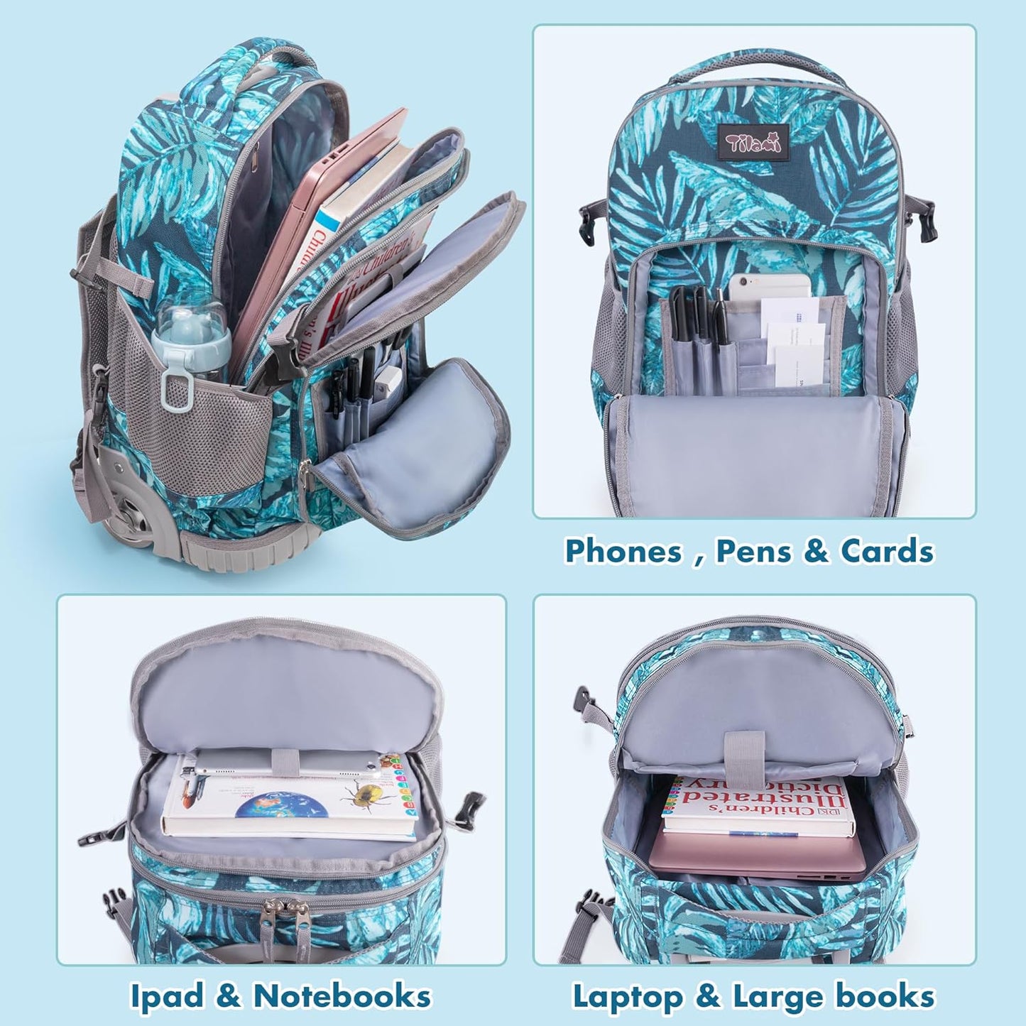 Tilami Rolling Backpack 19 inch with Lunch Bag Wheeled Laptop Backpack for Girls and Boys, Rainforest Green