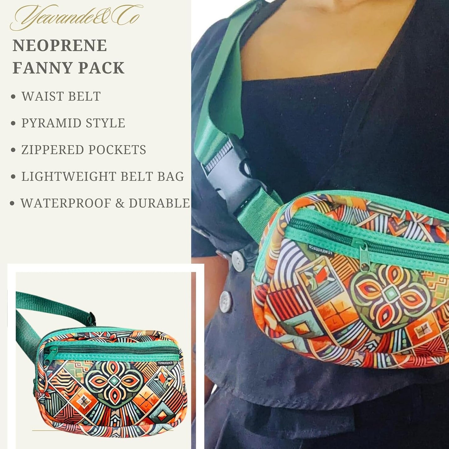 Yewande&co Neoprene Fanny Pack Belt Bag – Lightweight Waterproof Waist Bag with Adjustable Strap, 3 Zippered Pockets, Crossbody Belt Bag for Travel, African Design Crossbody Bags (Pyramid)