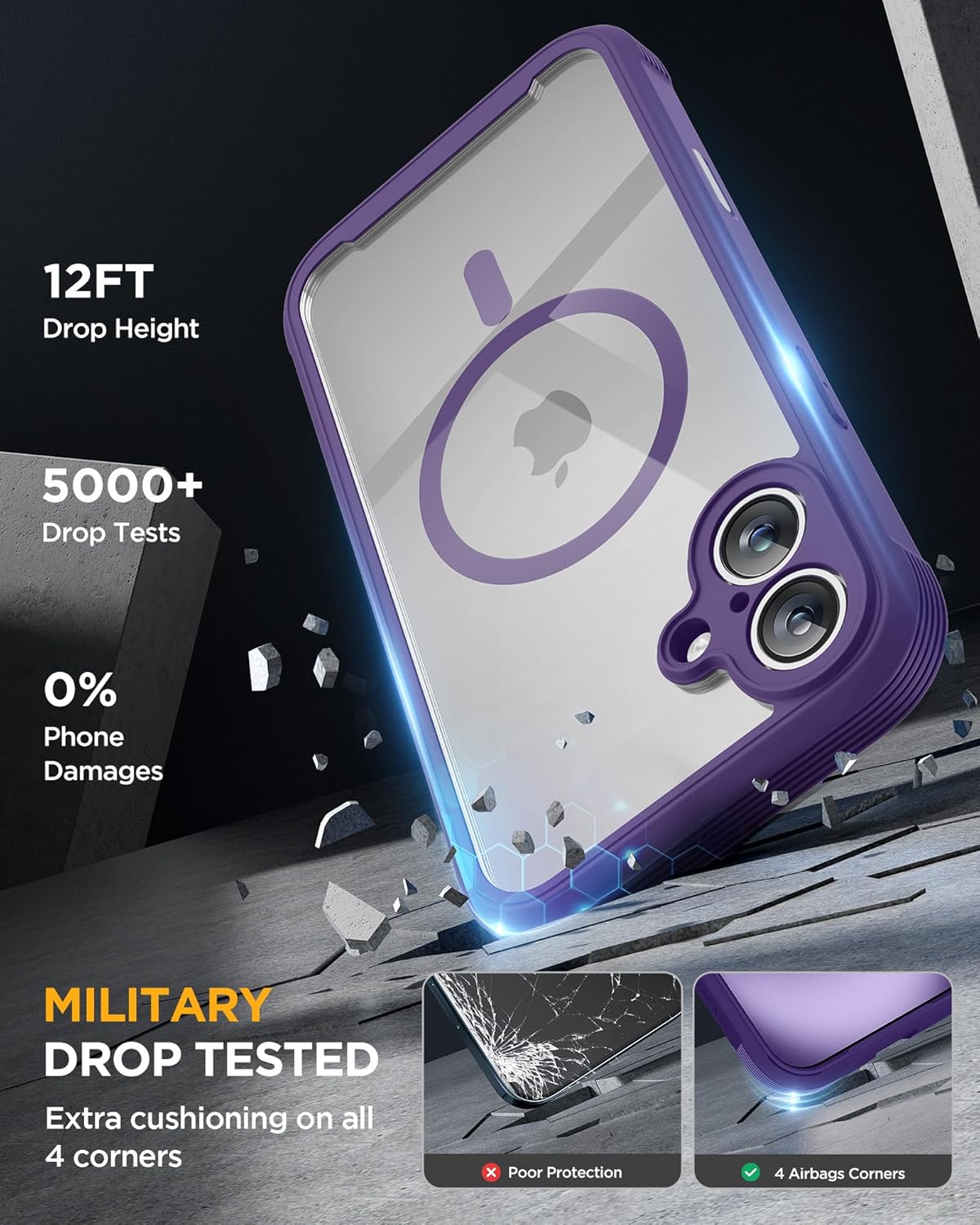 Miracase for iPhone 16 Case 6.1'', [Bubble Free] Full-Body Bumper Phone case with Built-in Full Glass Screen &Lens Protector,No Gap,Compatible with MagSafe,Drop Proof 16 Cover,Purple